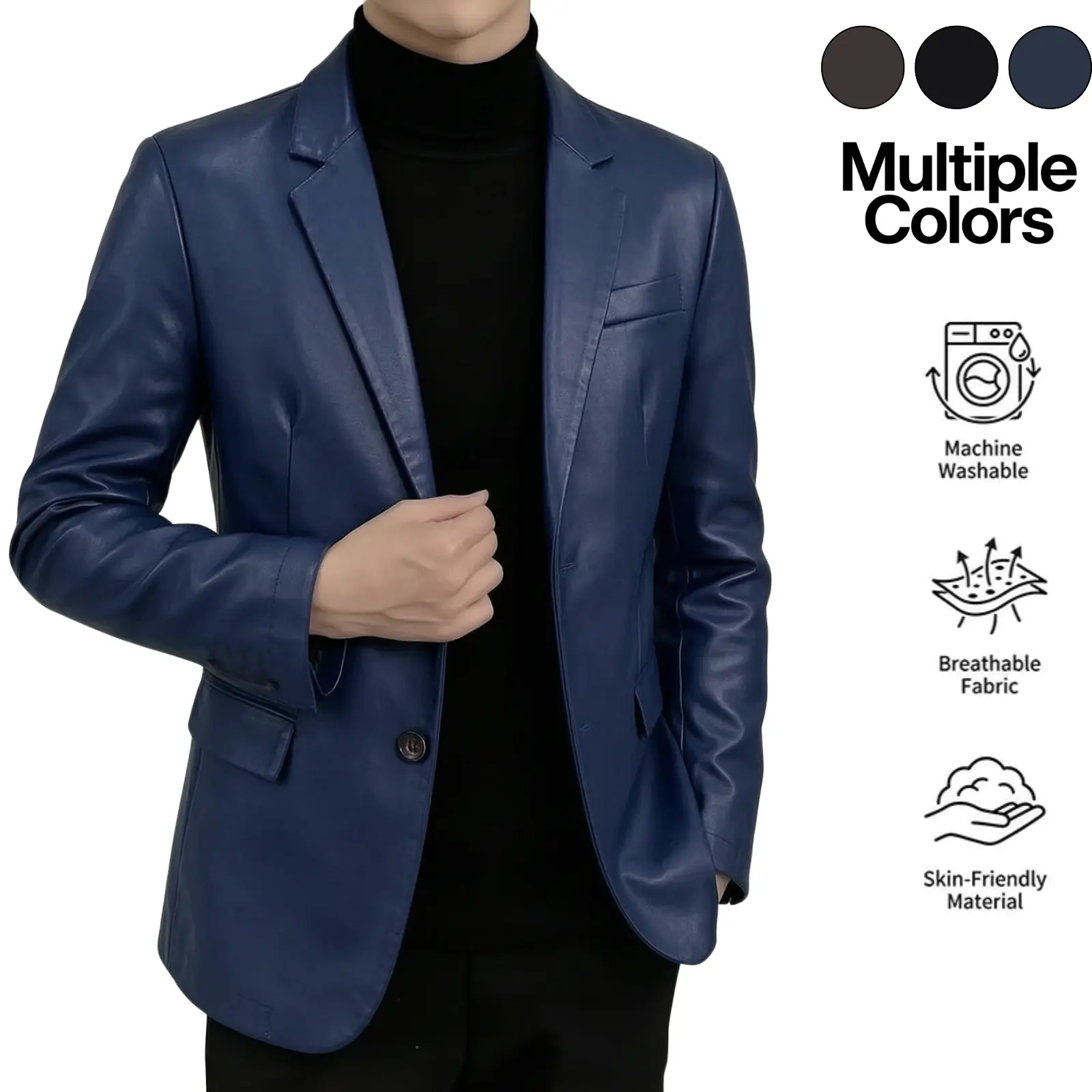 Men’s tailored leather blazer with a notched lapel, single button closure, two pockets—sleek formal menswear outerwear
