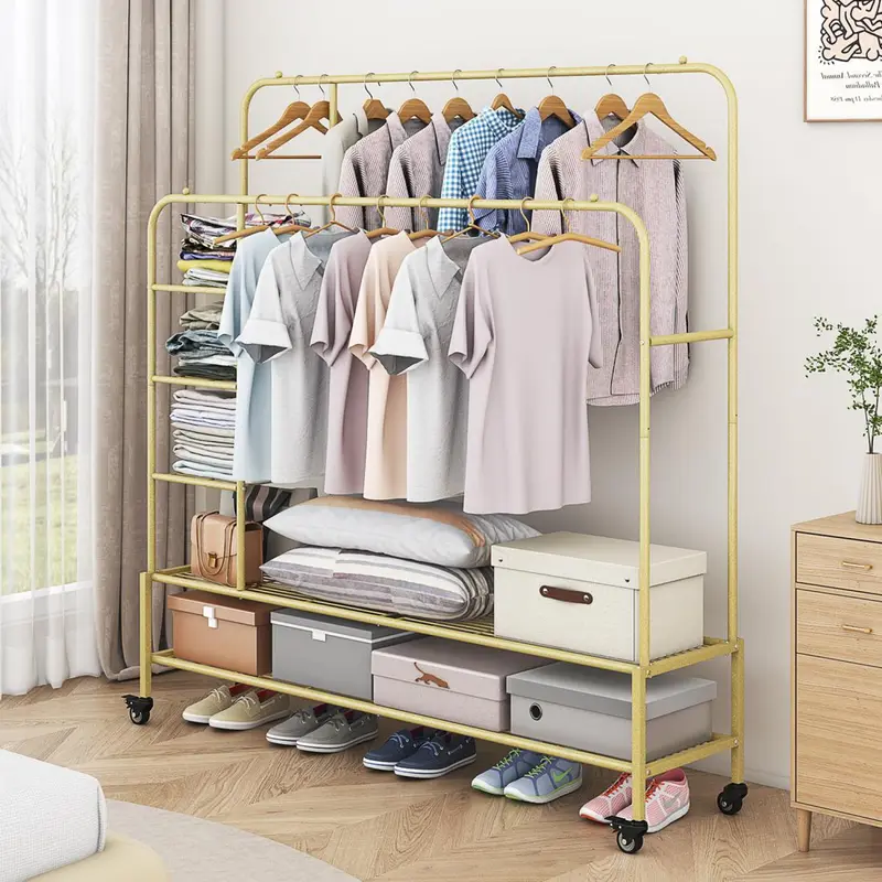 INGIORDAR Heavy Duty Portable Garment Rack for Wire Hangers!  Doubles as Bathroom Organizer & Shoe Rack Organizer – Dries Clothes/Coats Efficiently for Laundry/Bedroom