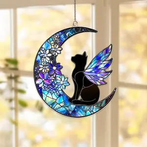 Galaxy Cat Crescent Moon Window Suncatcher, Cosmic Decor