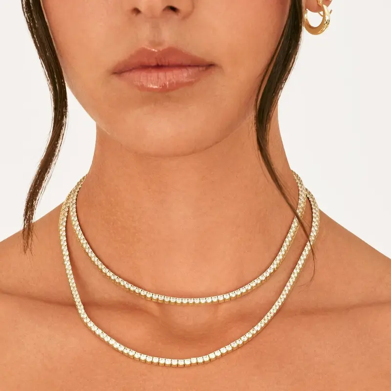 PAVOI 14K Gold Plated Tennis Necklace for Women - 3mm Simulated Diamond Tennis Chain Necklace - Sparkling Cubic Zirconia Necklace Sizes 15", 16" & 18" - Gold Jewelry Necklace with Upgraded Box Clasp with Safety Latch