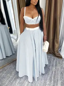 Women's Summer Fashion Lightweight Fit Lace Splicing Halter Top & High Waist Skirt Set, Sexy Street Style Two-Piece, Trendy Design Womenswear Clothes