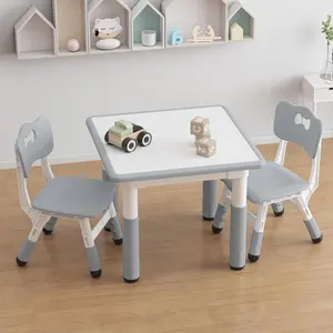 Kids Table and 2 Chairs Set with Graffiti Desktop, Height Adjustable Toddler Table and Chairs Set, 4 in 1 Activity Table Play Table for Reading, Drawing, Playing, Eating，Grey