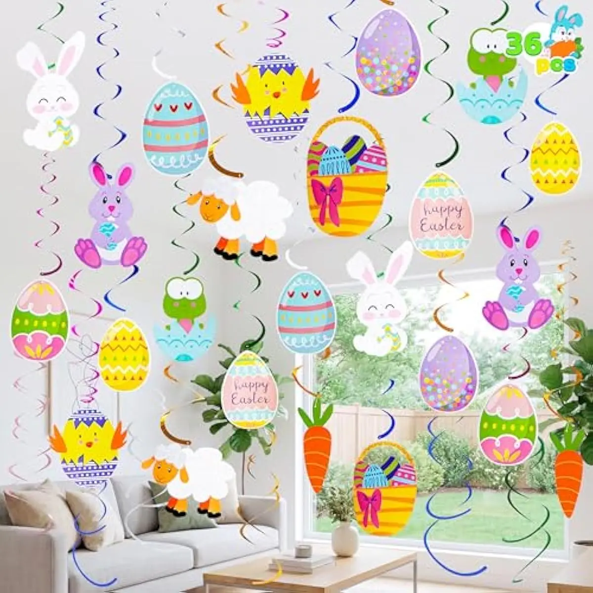 36 PCS Easter Swirl Decor Egg Bunny Foil Party Hanging Decoration Huge Value Kit for Easter Themed Party Home Office Supplies