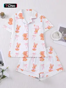 Women's Easter Bunny & Egg Print Pajama Sleepwear Set, Comfortable Short Sleeve Button Shirt & Loose Elastic Shorts, Casual All Season Everyday Loungewear