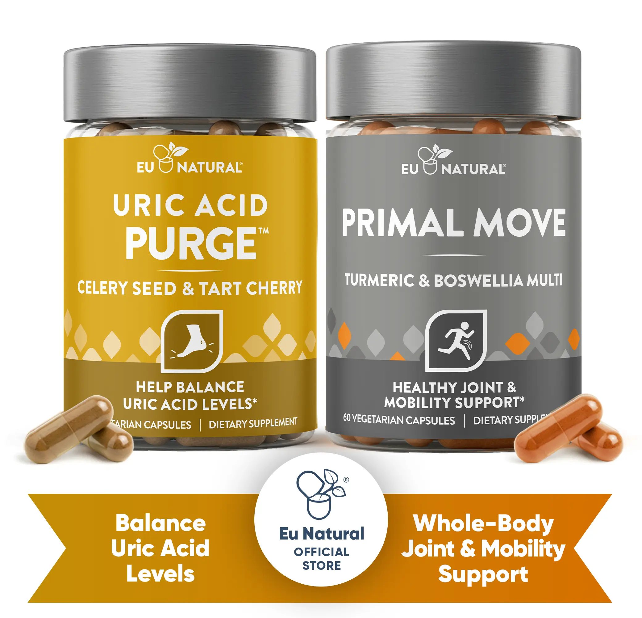 Eu Natural Maximum Mobility Bundle - Uric Acid Purge & Primal Move - Advanced Joint Support Bundle with Tart Cherry, Celery Seed, Turmeric, Boswellia & Multivitamin - Natural Anti-Inflammatory Supplement - Optimized Curcumin Joint Supplement