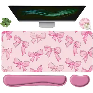 4pcs Kawaii Pink Bow Design + Keyboard Wrist Rest + Ergonomic Mouse Pad, Non slip mousepad + Coaster Set For Desktop Decoration, Home Office Gaming