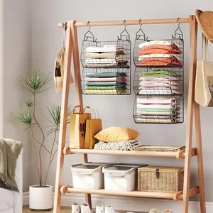5 Tier Closet Hanging Organizer with 4 Hanging Hooks Wire Storage Basket Bins & 5 S Hooks for Clothing Sweaters Shoes Handbags Clutches Racks Hangable