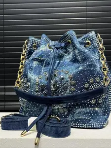 Ladies' Fashion Cowboy Diamond Set Gradient Handbag Large Capacity Drawstring Bucket Bag Water Diamond Decorative Flower Shoulder Bag Crossbody Bags Crossbody Chain Bag