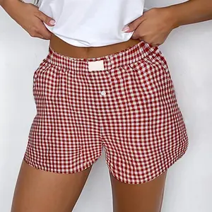 Women's Red Plaid Gingham High-Waist Button Front Lounge Shorts – Trendy Summer Casual Bottoms with Comfortable Fit
