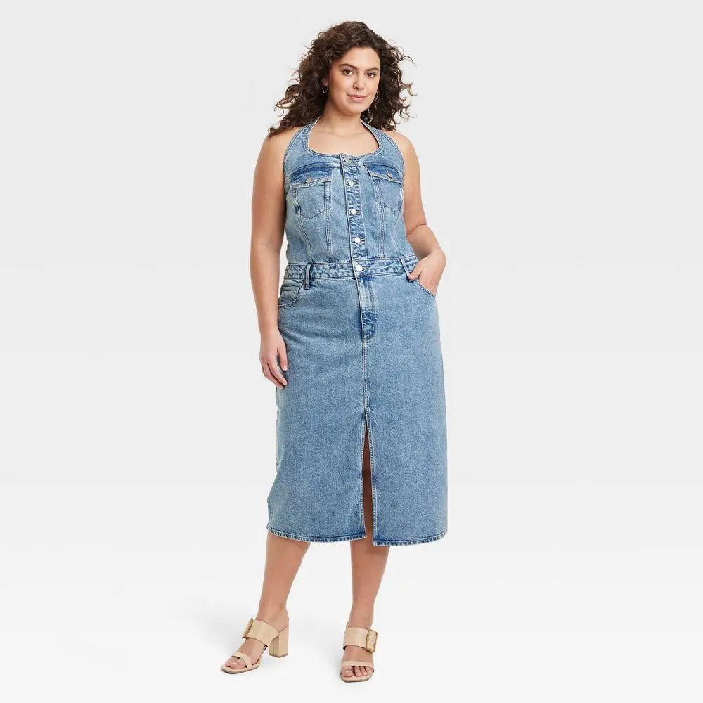 Universal Thread Women's Casual Halter Button-Down Denim Midi Dress, Stretchy Cotton Fabric with Pockets and Belt Loops, Casual Wear, Slit, Zipper, Sleeveless, Denim Dresses