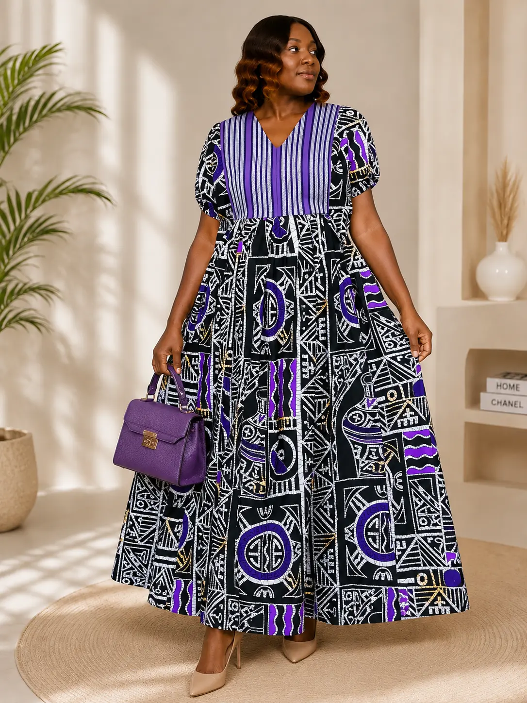 Purple Green Patterned Dress with V-Neck and Puff Sleeves for Women