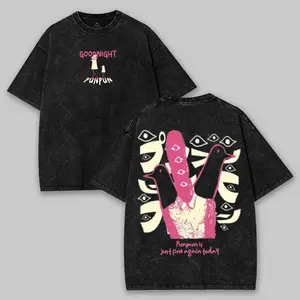 Retro Limited GOODNIGHT PUNPUN Grafische Anime Double Printed Lightweight Acid Washed Tee anime lover, anime merch Casual Cotton vintage anime streetwear
