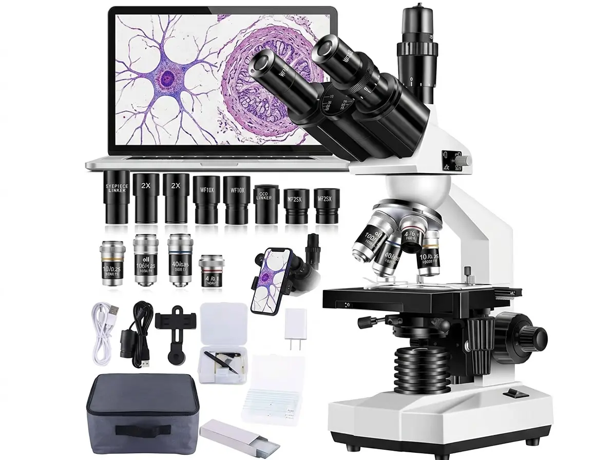 Professional Trinocular Microscope 40X-5000X Magnification Laboratory Grade Biological Compound Microscope with Dual-Layer Mechanical Stage and HD USB Digital Camera for Research