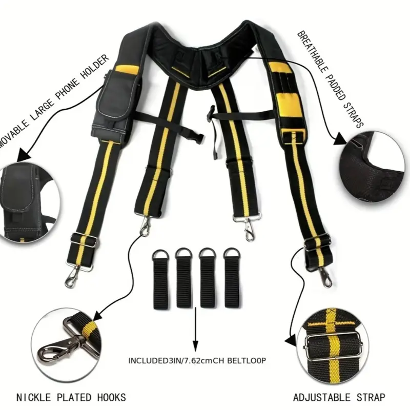 Tool Bag Suspenders with Adjustable Strap, Included Nylon Belts, Plated Hooks, Black & Yellow Color, Tool Storage, Custom Fit, Tool Organizer Accessories, Adjustable Organizer Belt Tool Bags