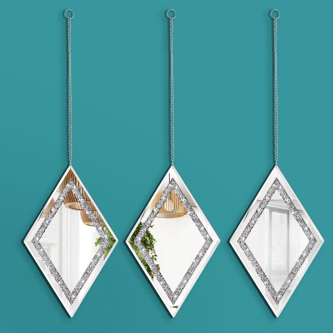 3 Silver Color Rhombus Wall Mirrors with Diamond Inlays, Decorative Crystal Shattered Diamond Mirror for Bedroom, Living Room, Hallway, Wall Mounted Mirror