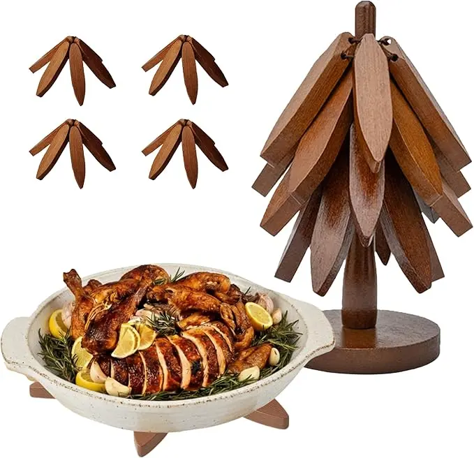 4-Piece Wooden Trivet Set with 1 Storage Stand - Heat-Resistant, Foldable, Durable Home Organizer, Coasters for Drinks, High-Quality Kitchen Tableware Accessory for Hot Dishes, Pots