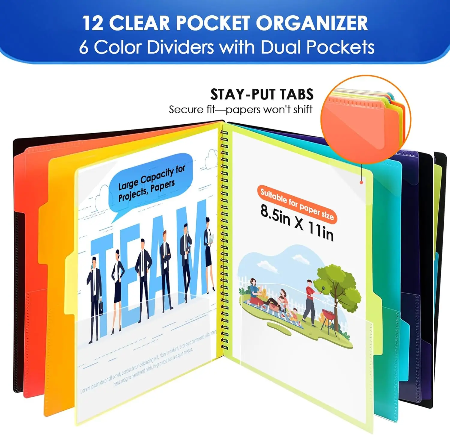 KTRIO Letter Size Spiral Binder Project Organizer - 12 Separate Polypropylene Pockets, Dividers, Replaceable Tabs, Built-In Zip Pouch, 24 White Erase Labels, Water-Resistant Tear-Proof, Flexible Important Document Storage Portfolio, Flexible Binder