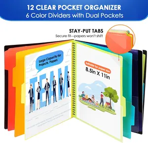 KTRIO 12-Pocket Polypropylene Project Organizer, Letter Size Spiral Binder with Dividers, Replaceable Tabs & Zip Pouch, Water-Resistant Multi-Pockets Folder for School & Office Use
