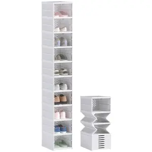 HOMCOM 8-Pack Foldable Plastic Shoe Organizer Boxes - No Assembly, Stackable, Clear Door, Space-Saving, Fits Up to US Size 10, White Home Storage Solution