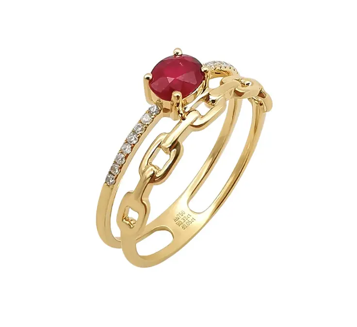Solid 18K Gold Ruby Diamond Link Ring, Victorian Style Stacking Band