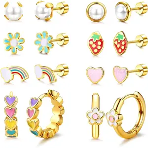 CASSIECA Flower Earrings for Women 316 Surgical Steel Earrings for Sensitive Ears  Hypoallergenic Cute Small Daisy Hoop Earring Heart Strawberry Rainbow Pearl Flat Back Earring Sets