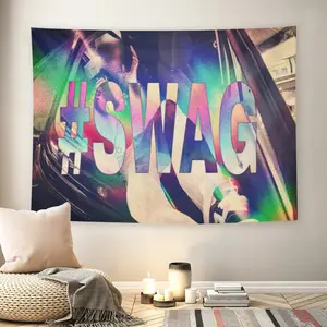#SWAG Holographic Y2K 2000s Wall Flag, Rainbow Iridescent Text Tapestry, Mid-century Modern Streetwear Aesthetic Room Decor for Gen Z Adult Fans, Vibe Colorful Car Vibe Wall Hanging