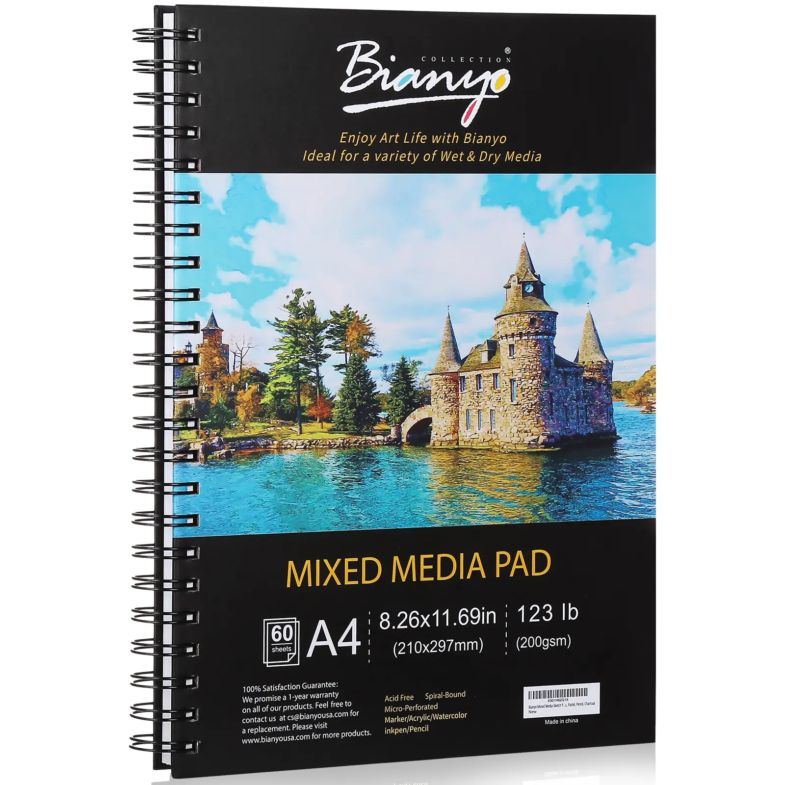 Bianyo Mixed Media Paper Pad, A4 (8.26" X 11.69"), 60 Sheets/Each, 123 LB/200 GSM, Pack of 1 Pad, Spiral-Bound Pad, Ideal for Wet & Dry Media Like Art Marker, Watercolor, Acrylic, Pastel, Pencil