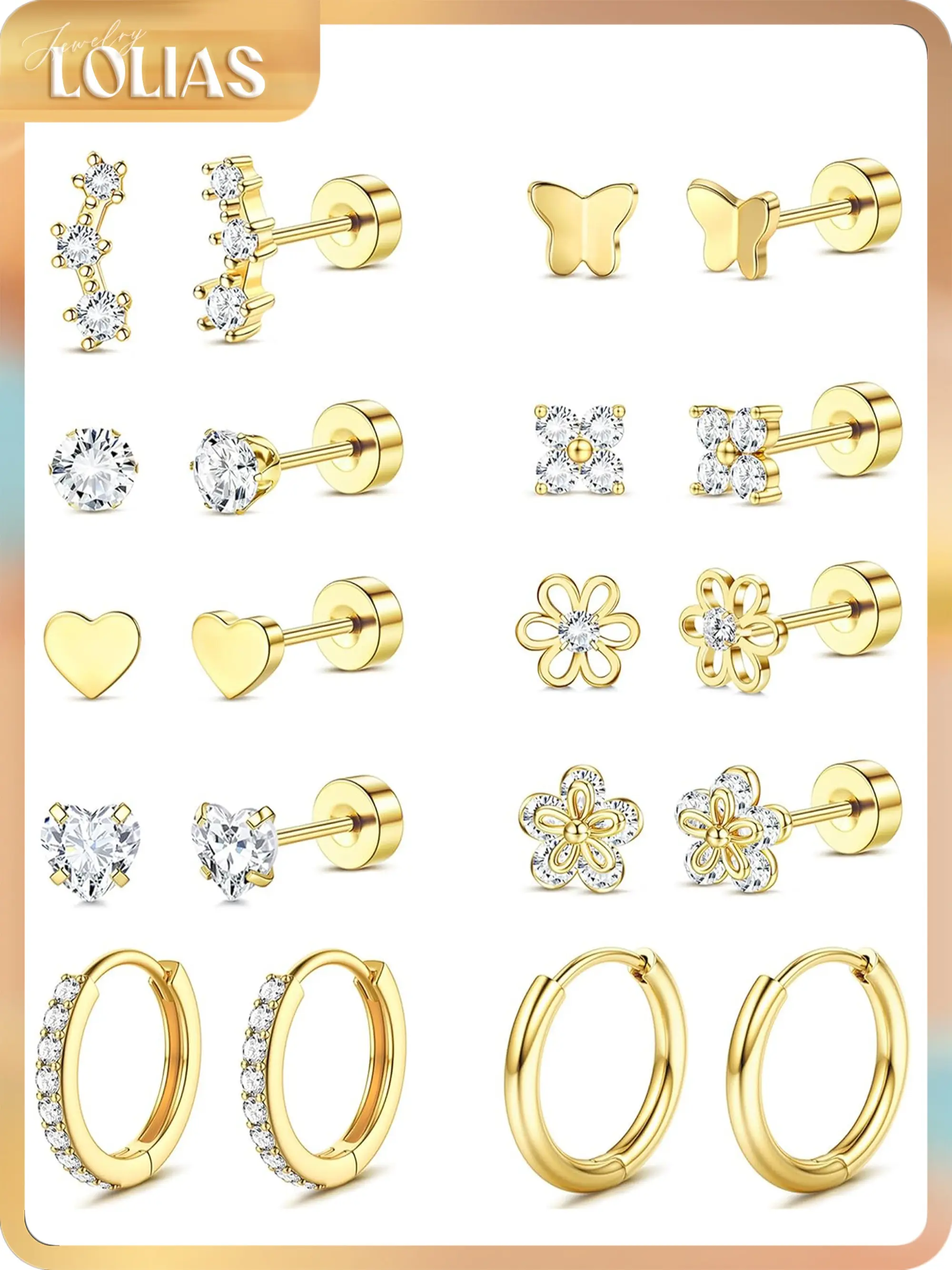 LOLIAS Flat Back Earrings for Women Girls Hypoallergenic Surgical Stainless Steel Earrings for Sensitive Ears 14K Gold Plated Heart Flower Stud Earring Set Small Huggie Hoop Cartilage Earring Stacks