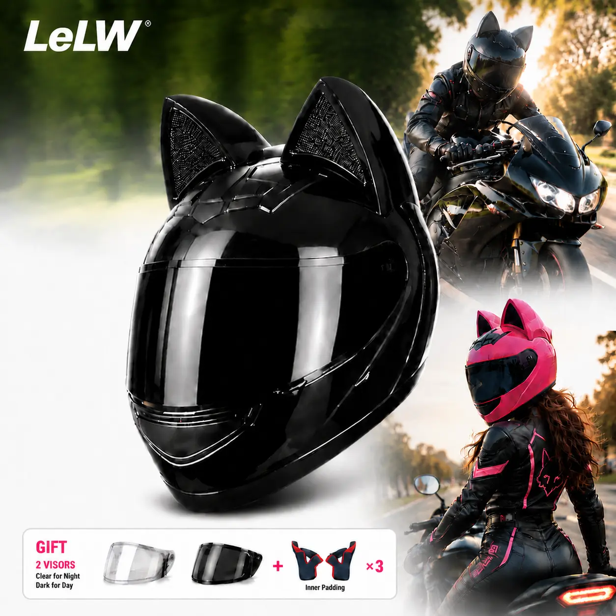 LeLW Cat Ear Motorcycle Helmet, Cute Full Face Helmet for Women & Men, DOT Certified Safety Helmet with Dual Visor, Removable Washable Liner, Bluetooth Ready, Adjustable Fit System, Includes Helmet Bag