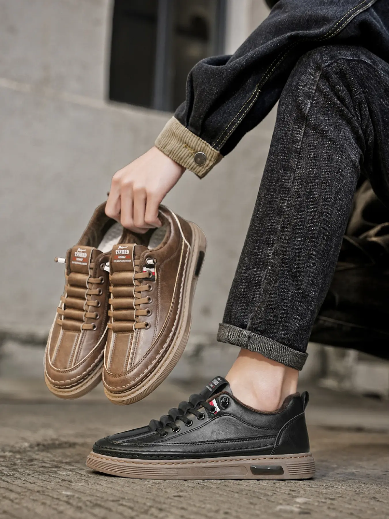 Men's Brown Retro Fleece - Lined Casual Leather Shoes Trainer, Retro Business Style, Leather + Fleece Material, Warm & Comfortable, Soft on Feet, Ideal for Winter Daily Outfits & Business Outings, Casual Trainers