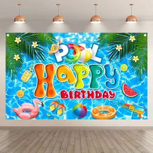 Pool Happy Birthday Party Polyester Photography Backdrop, Summer Hawaiian Style with Tropical Palm Trees, Tiki Cake Table Decor, Photo Booth Banner, No Power Needed, Multiple Sizes Available