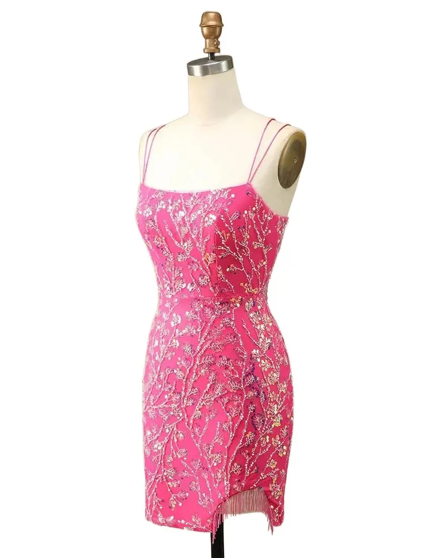 ZAPAKA Elegant Fuchsia Double Spaghetti Strap Tight Homecoming Dress with Fringe for Women's Formal Wear homecoming  outfits