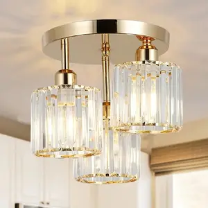 Letmarey Modern Semi Flush Mount Ceiling Light 3-Light Crystal Chandelier for Kitchen Hallway Bedroom Bathroom Clear Shade No Bulbs Included