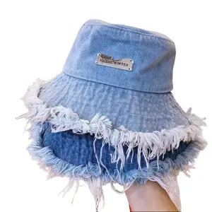Women's Unisex Retro Denim Blue Tassel Bucket Hat - 56-58cm Wide-Brim, Lightweight Sun-Protective Letter-Embellished Cap for Outdoor Activities, Casual Lounging