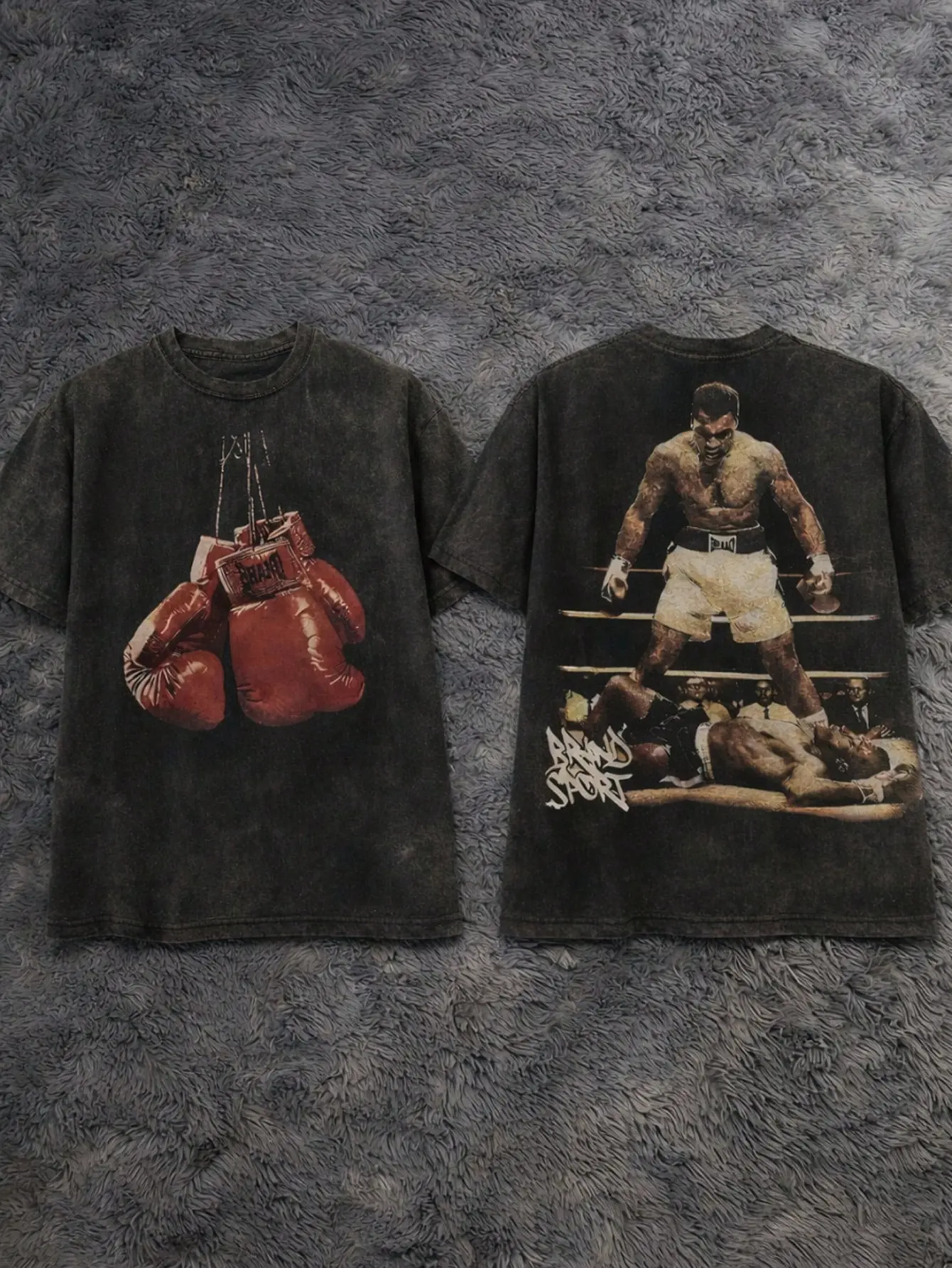 Retro Washed Muhammad Ali Boxing Graphic T-Shirt | Double-Sided Red Gloves & "Knockout" Print, Unisex Oversized Streetwear for Men & Women, Vintage Boxing Legend Aesthetic