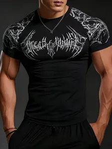 Men's Gothic Thorn Print Workout T-Shirt, Fitness Top, Street Style, High Elasticity, Quick-Dry, Breathable, Slim Fit, Ideal for Gym Training