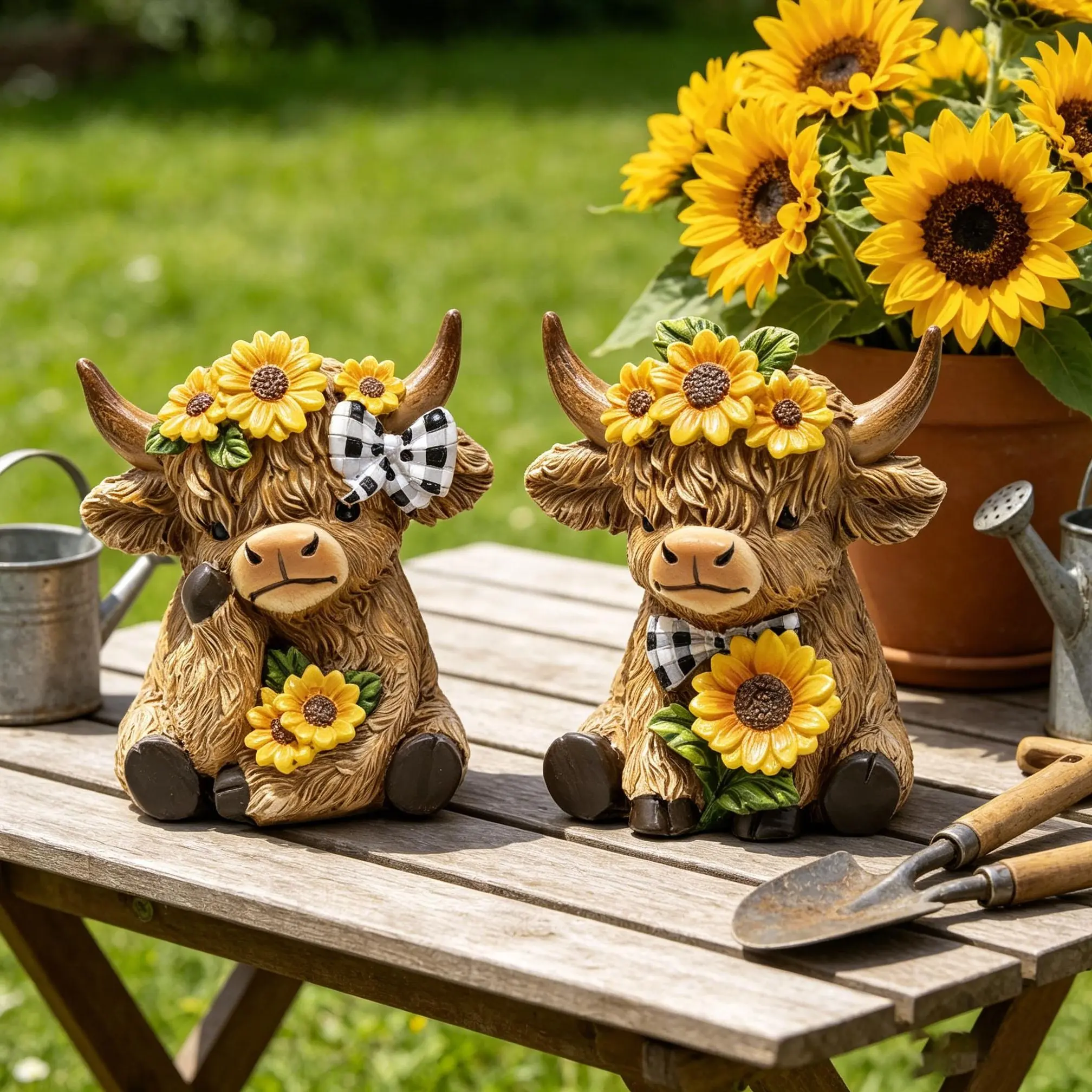 Sangeren 2-Piece Sunflower Highland Cow Resin Figurine Set, Hand Painted Summer Farmhouse Tabletop Decor, Cute Cow Statues for Kitchen Shelf Tiered Tray Home Decor Gift