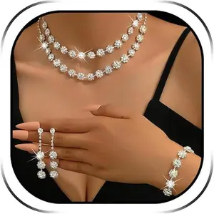 Silver Rhinestone Jewelry Set for Women, Sparkly Necklace Earrings Bracelet Set for Wedding Prom Formal Events, Lightweight Costume Jewelry Accessories for Brides Bridesmaids Party Outfits