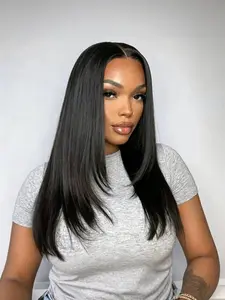 Natural Black 22 Inch Sleek Straight Synthetic Lace Front Wig For Black Women, Layered Glueless Lace Wigs, Wear And Go T Part Pre Plucked Natural Hairline Daily Chic