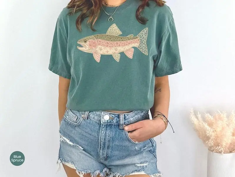 Comfort Colors Printed Patchwork Rainbow Trout Shirt, Quilt Cottagecore Fish Tee, camping tshirt, Outdoorsy gift, Fishing shirt,Lake shirt