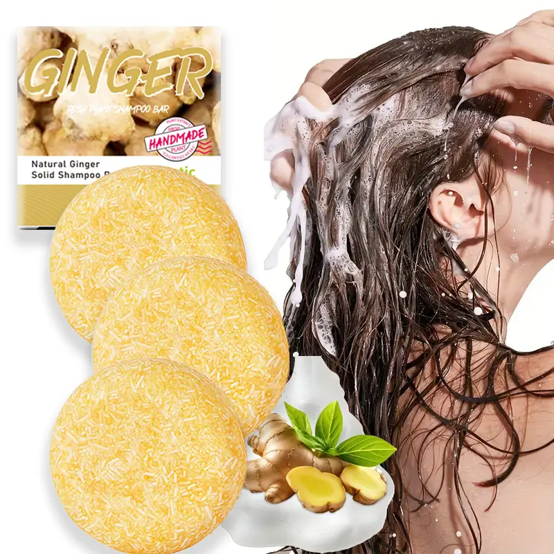 ROZINO Ginger Regrowth Revitalize Shampoo Bar (60g) - Natural Plant-Based Anti-Hair Loss Cleanser with Coconut, Olive & Rosemary, Sulfate-Free, Voluminous Bouncy Hair, Itchy Scalp Detox, Eco-Friendly Travel Camping Toiletries, Voluminous Hair