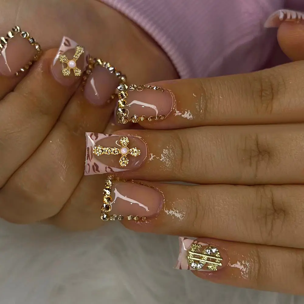 24pcs Duck Foot French Nail Art Set, Nail Art Kits, Cross Design Acrylic Press-On Nails, Includes Jelly Glue and File, Perfect for Parties and Daily Wear
