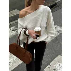 Women’s Elegant White Sweater, Winter Off-Shoulder Long-Sleeve Knit Top, Solid Casual Loose-Fit Pullover