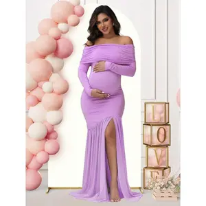 Maternity long sleeve off shoulder dress solid color mesh panelled split hem gown for baby shower photosparty party Pregnancy Clothes wedding dress
