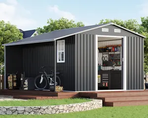 [Ships in Multiple Boxes]  VanAcc Outdoor Storage Shed with Two 4-Pane Windows Sliding Doors, Open Outdoor Shed for Wood Storage, Dark Grey/White