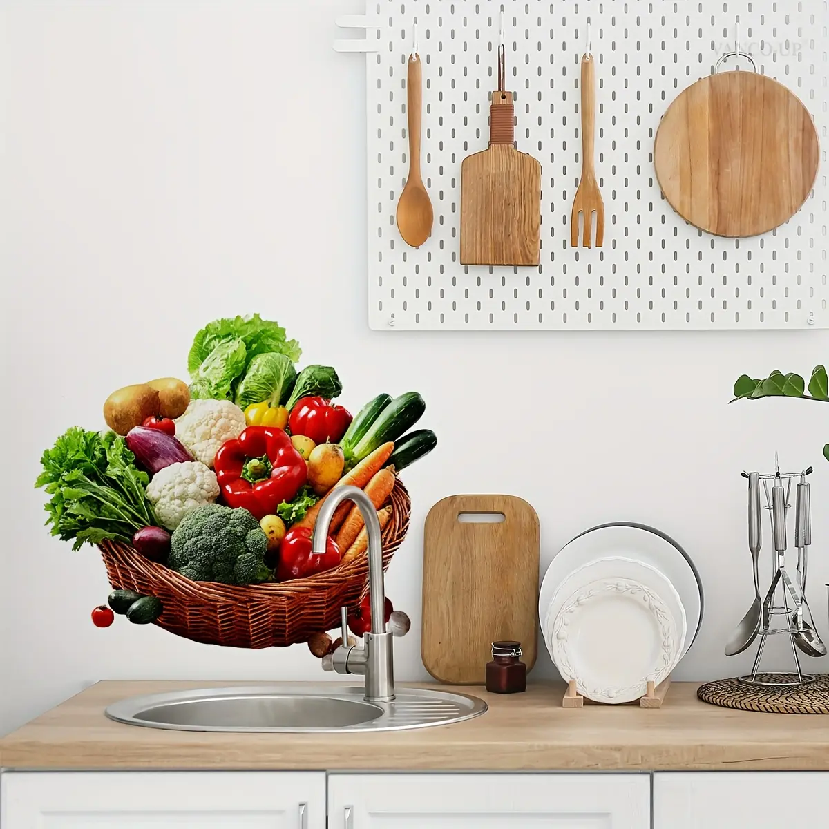 (30*30cm) creative realistic fruit and vegetable wooden basket kitchen wall sticker for restaurant and kitchen decoration background beautification Decorative Wall Art Stickers Home Decor (M19029-NC)