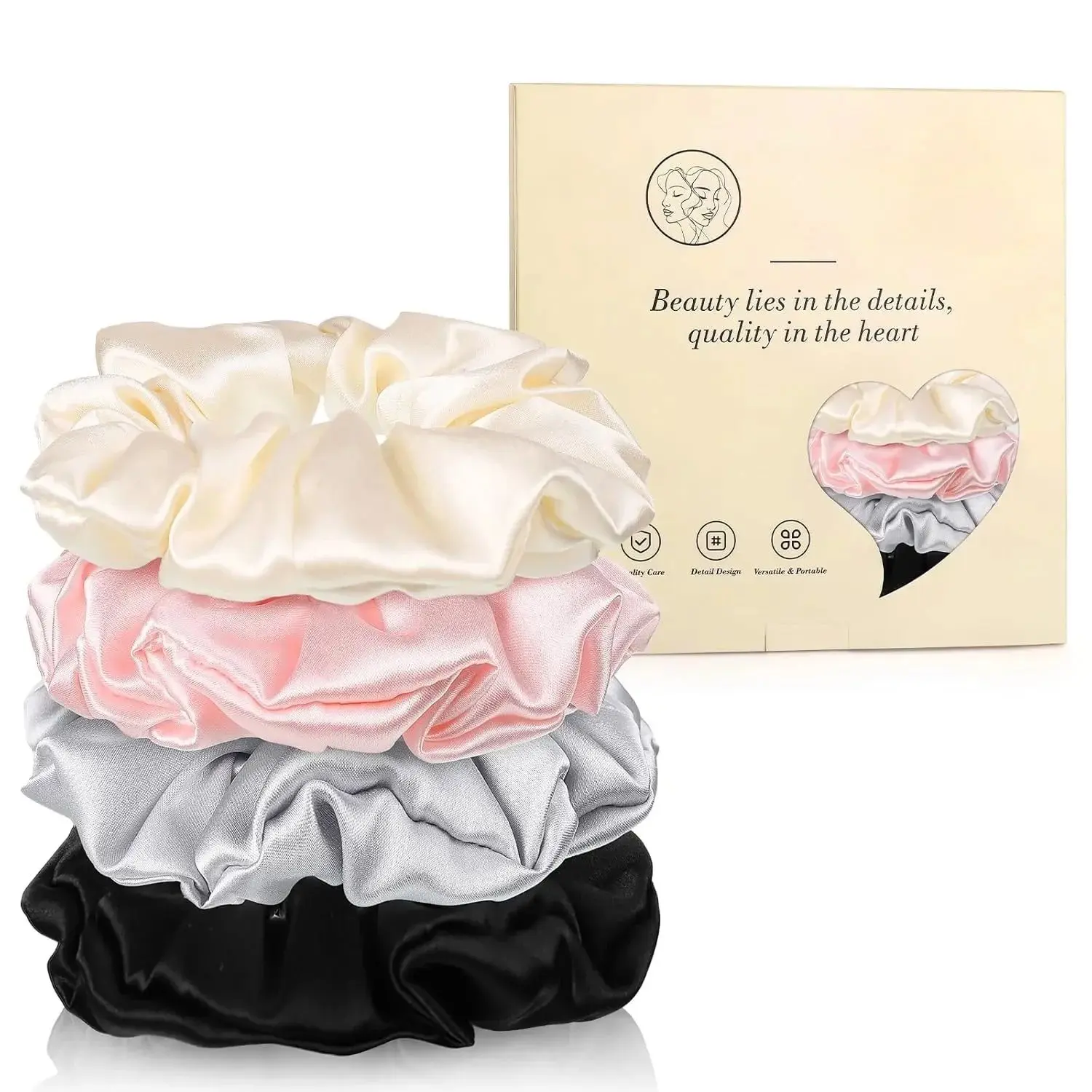 4 Pack Silk Scrunchies for Women, Large 19 Momme 100% Mulberry Silk Hair Ties in Neutral Coffee Colors, No Damage Ponytail Holder, Elastic Band Scrunchies, Ponytail Accessories, Hair Band, Hair Styling Accessories