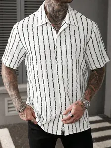 Men's High-End Geometric Pattern Knitted Jacquard Loose Short Sleeve Shirt, Striped Casual Essential for Daily Commute & Travel