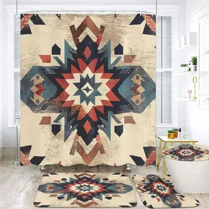 Southwestern Bathroom Set, 4-Piece with Shower Curtain, Bath Mat, Contour Rug, Toilet Lid Cover, Native American Pattern