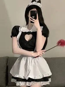 Heart Cutout Maid Outfit Short Sleeve Sexy Lace Trim Housemaid Apparel Set Womenswear Cat Ear Headband Cosplay Costume Halloween Party Soft and Breathable Fabric Suitable for Anime Conventions, Themed Parties and Costume Balls